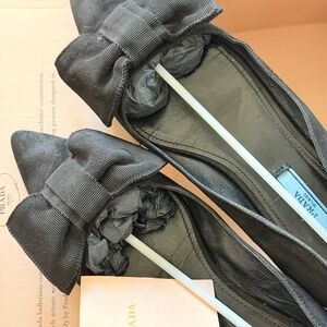 Prada Bow Pointed-Toe Flats in Black Suede Size 40